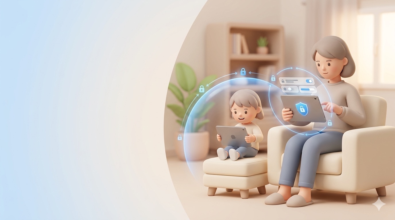 Family using Apple devices with parental controls and screen time setup in a home environment for Local Nerd IT support