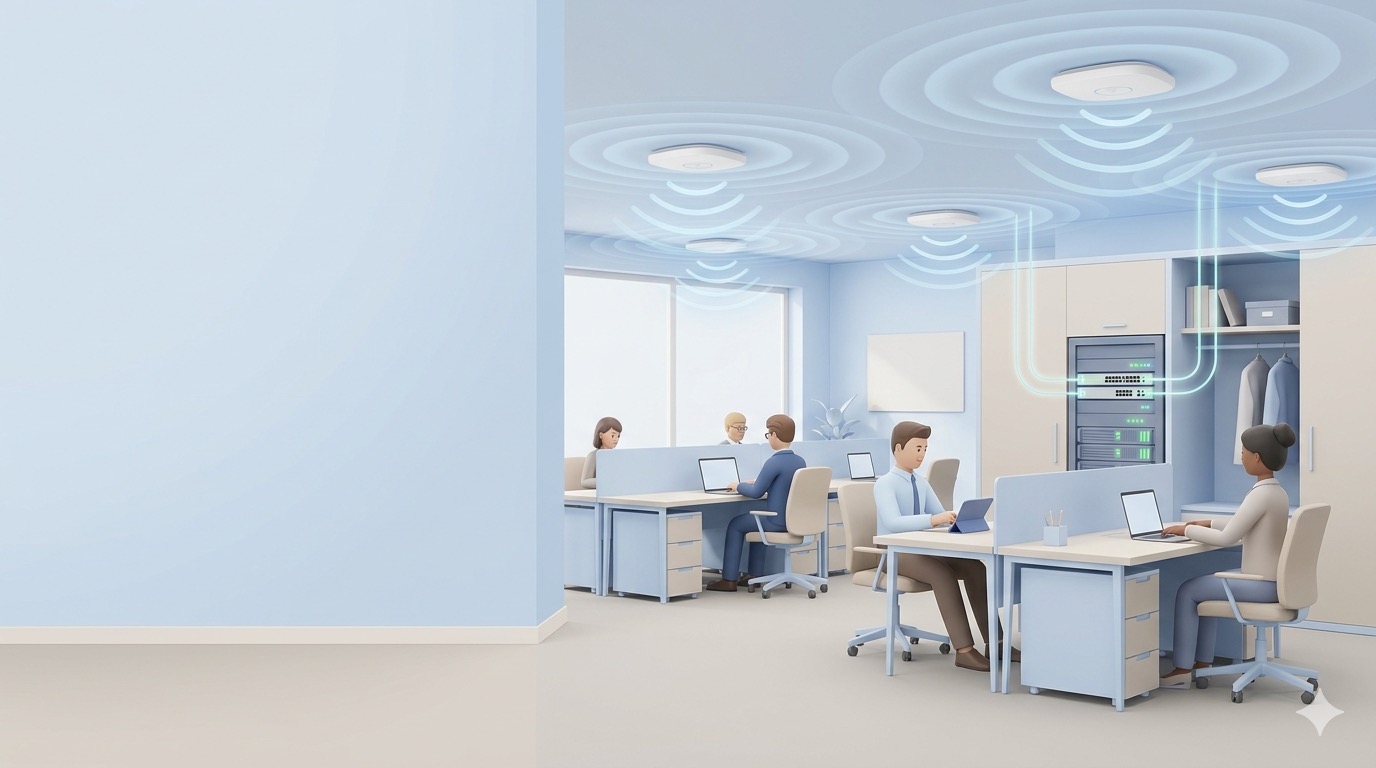 Modern business environment using enterprise Wi-Fi networking system instead of ISP router for Local Nerd IT support