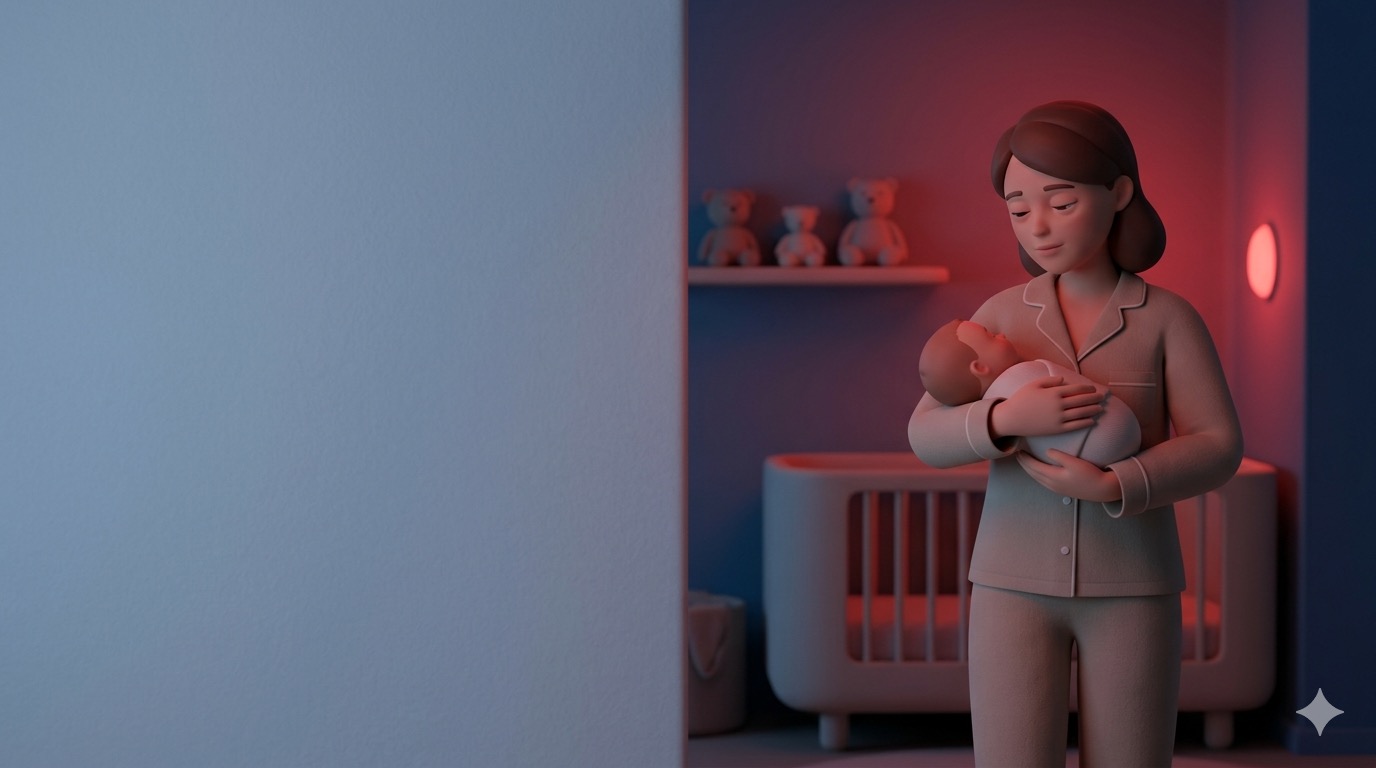 Parent using dim red smart lighting at night while caring for a newborn in a home environment