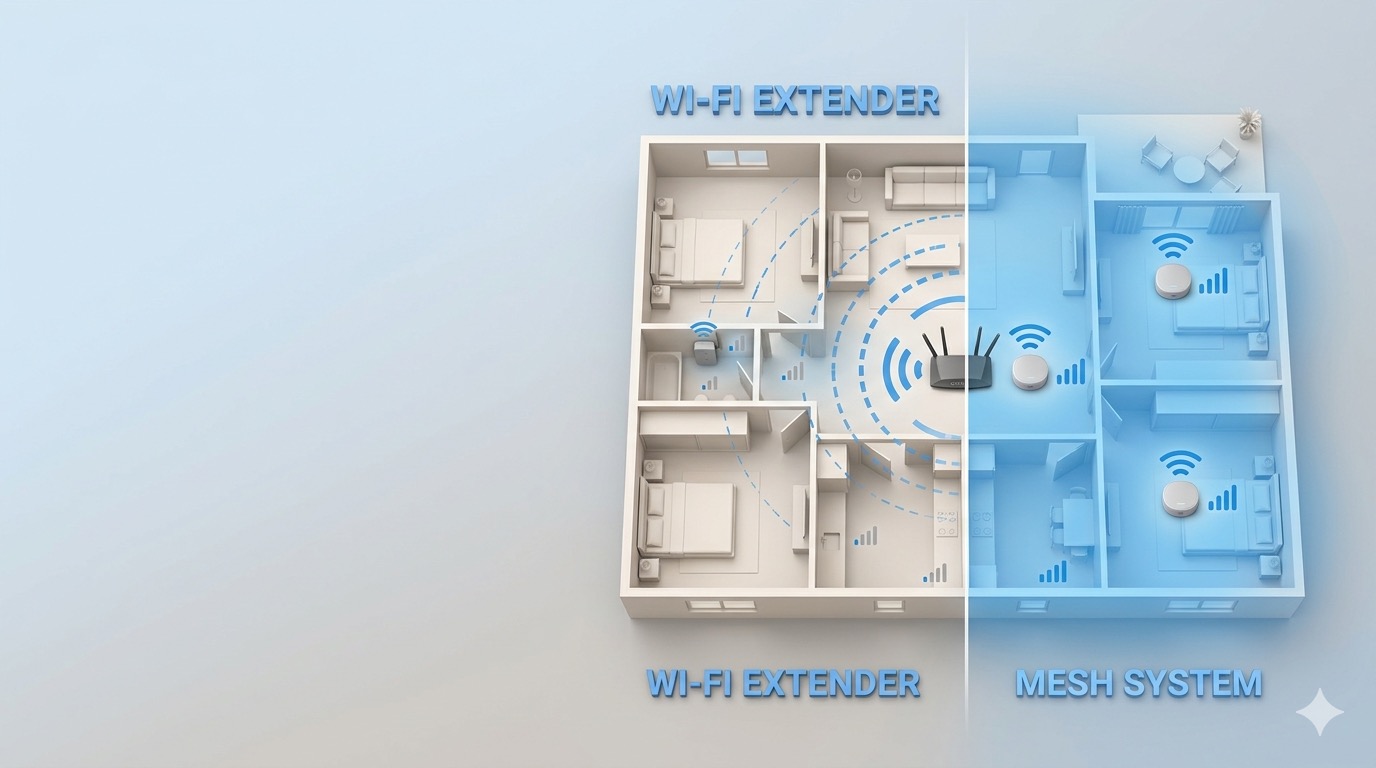 Comparison of Wi-Fi extender vs mesh system coverage in a home for Local Nerd IT support